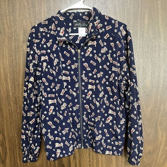 Holly Lane Bomber Jacket Womens Small Blue With Golf Print AOP Preppy - Picture 1 of 5